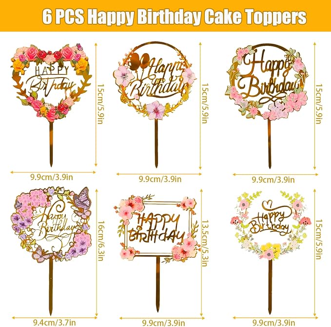 LOKIPA 6PCS Happy Birthday Cake Toppers, Flower Acrylic Cupcake Cake Toppers Gold Cake Topper for Birthday Party Anniversary Decorations