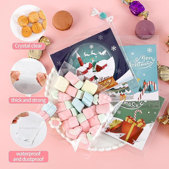 200 Pcs Resealable Cookie Bags, 4 X 4 Inch Self Sealing Cellophane Treat Bags Clear Plastic Bags, Good for Individual Cookies, Dessert,Decorative Wrappers, Party Favors, Candy and More