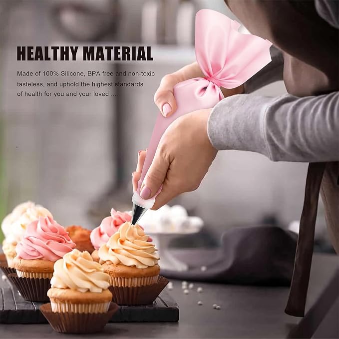 21Pcs Cake Decorating Tools: Reusable Pastry Bags & Tips Kit | 21pc Set Contain: 2 Reusable Icing Bags, 12 Tips, 3 Scrapers, 2 Couplers & 2 Bag Ties