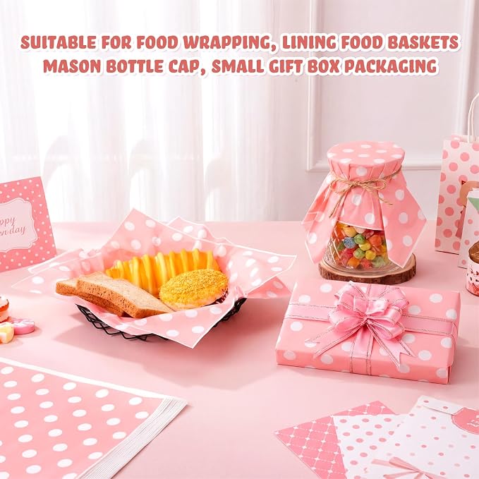 Gersoniel 150pcs Wax Paper Sheet for Food Dot Printed Bakery Tissue Greaseproof Disposable Wrapping Paper for Sandwich Food Picnic Baskets Liner Wedding Birthday Party Supplies(Pink,12x12'')