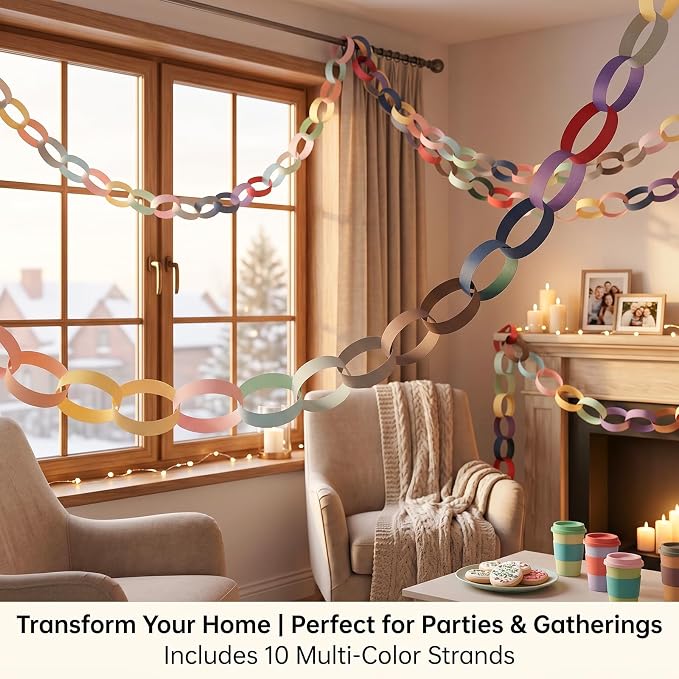 Macaron Pastel Paper Chain & Mirror Star Garland Kit with Double-Sided Tape, Pre-Cut 10 Colors Strips. Ideal for Birthday, Baby Shower, Wedding & Party Decor. (300, 2 x 8.27 Inches)