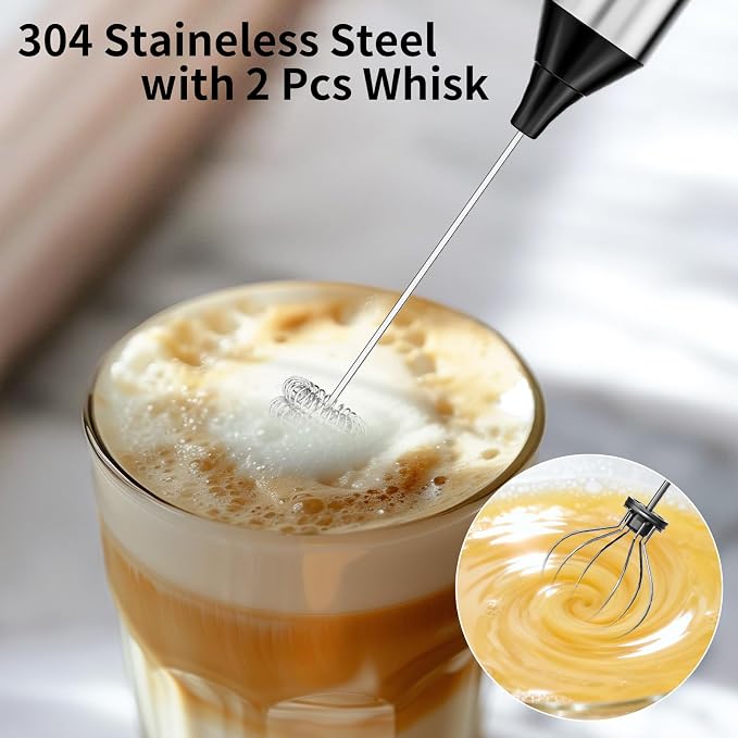 Rechargeable Hand Frother with Stand, Handheld Milk Frother for Coffee, Drink Mixer Frother Wand Electric Whisk Stirrer for Matcha, Latte, Hot Chocolate, Cappuccino (Stainless Steel)