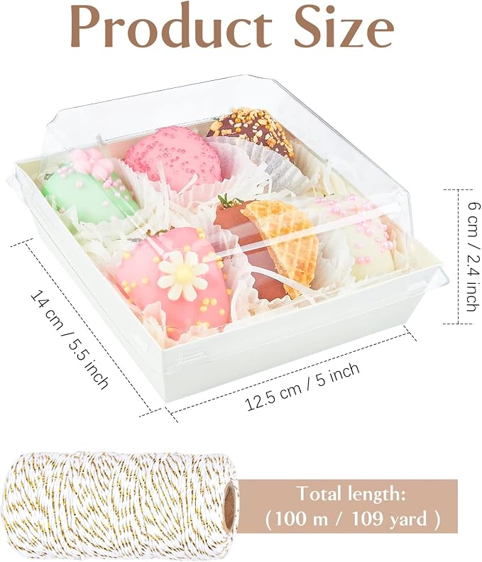 ZORRITA Paper Charcuterie Boxes with Clear Lids, 50 Pack, 5 Inch, White | Square To Go Dessert Containers, Small Bakery Boxes, For Cake, Cookies, Sandwich, Strawberries