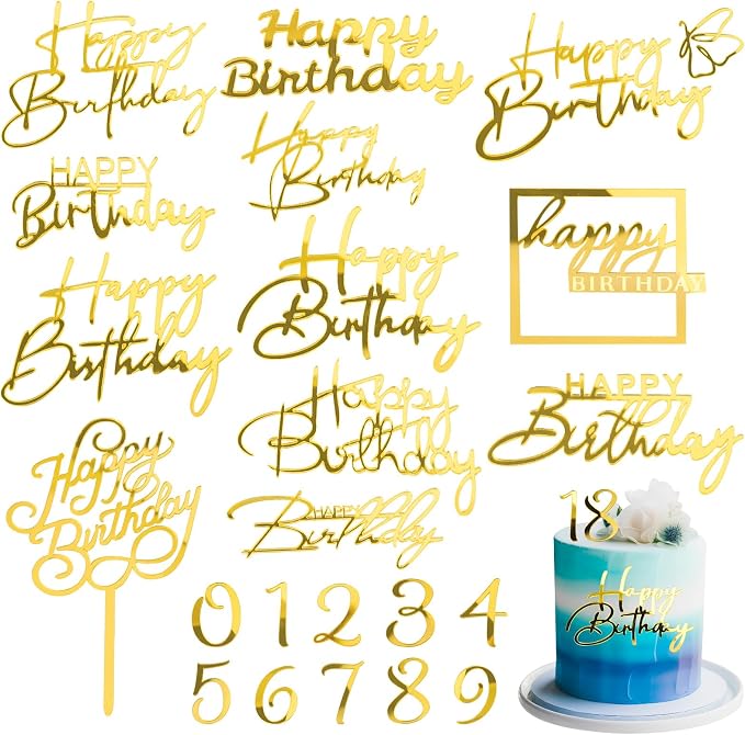 Jspupifip 22 PCS Gold Birthday Cake Topper Set,Acrylic Mirror Cake Numbers 0-9 Cupcake Topper Personalized Cake Picks (Gold)