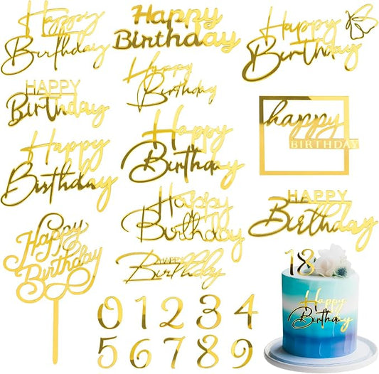 Jspupifip 22 PCS Gold Birthday Cake Topper Set,Acrylic Mirror Cake Numbers 0-9 Cupcake Topper Personalized Cake Picks (Gold)