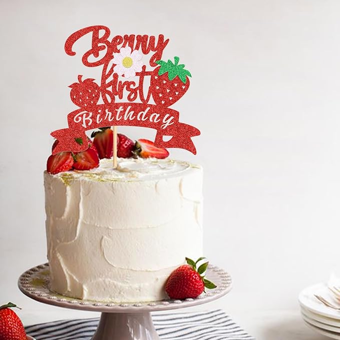 1Pack Berry First Birthday Cake Topper Strawberry 1st Birthday Cake Picks for Strawberry Baby Shower Boys Girls First Birthday Cake Decors Berry Cake Decoration Supplies