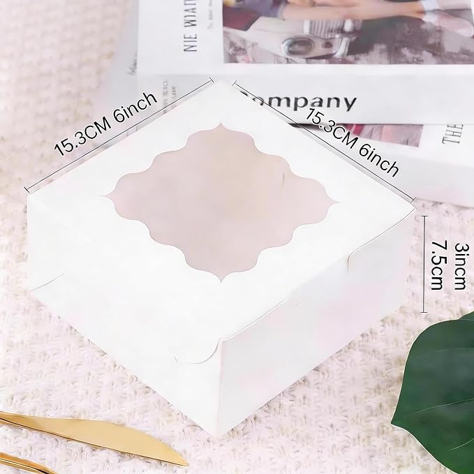 JIYIXhylera 30Pcs (6x6x3 in) Mini Cake Boxes with Display Window for Gift Giving, Bakesale, Cupcakes, Dessert, Cookies, Pie, Macaroons, Donuts, Pastry, Kraft Paper Material… (30Pcs White)