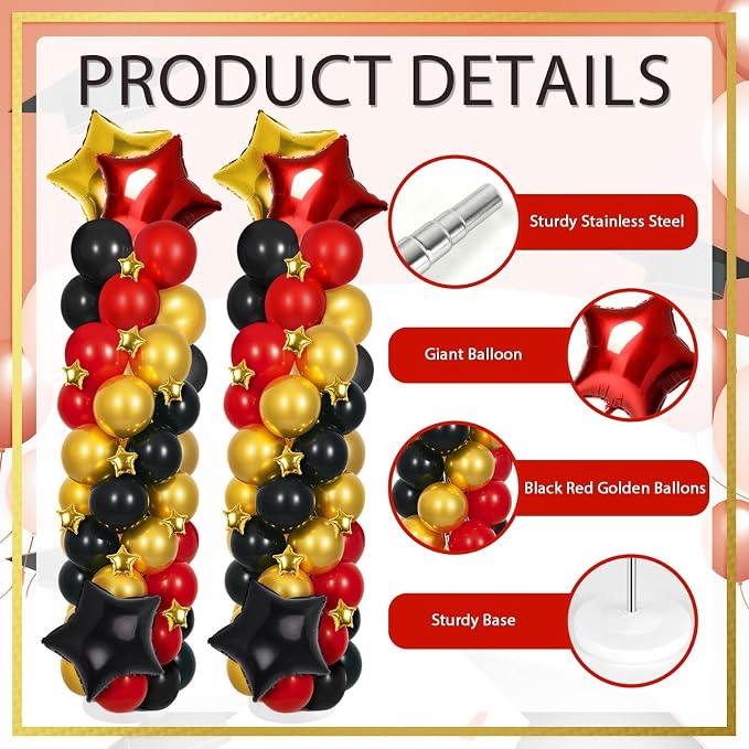 2 Sets Black Gold and Red Balloons Decorations Adjustable Balloon Column Stand Kits with 4 Stars Movie Night Garland Arch Tower Balloons for Wedding Baby Shower Birthday Party Decorations