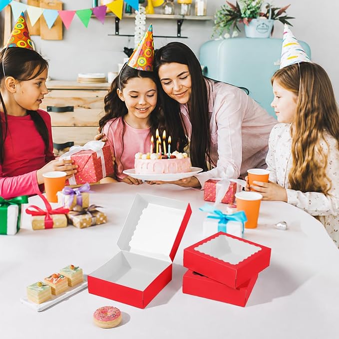 24 pcs Red Pie Boxes,12x12x3 Inch Auto-Popup Bakery Boxes with Window Donuts Chocolate Muffins Donuts Pastry Dessert Cookie Box For Packaging