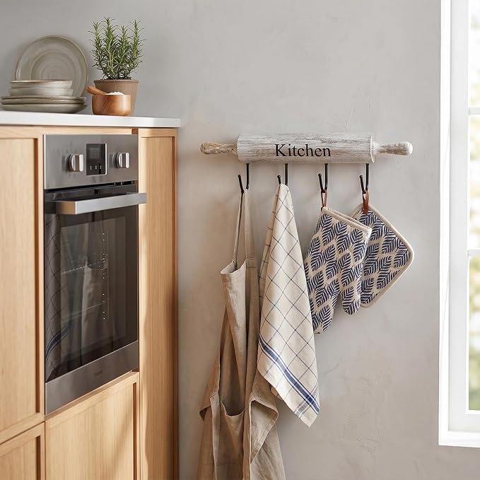 MyGift Wall Mounted Kitchen Utensil Rack, Rustic White Washed Wood Rolling Pin Cooking Tool Hanger with 4 Hooks for Aprons, Dish Towel, Mugs, Spoons