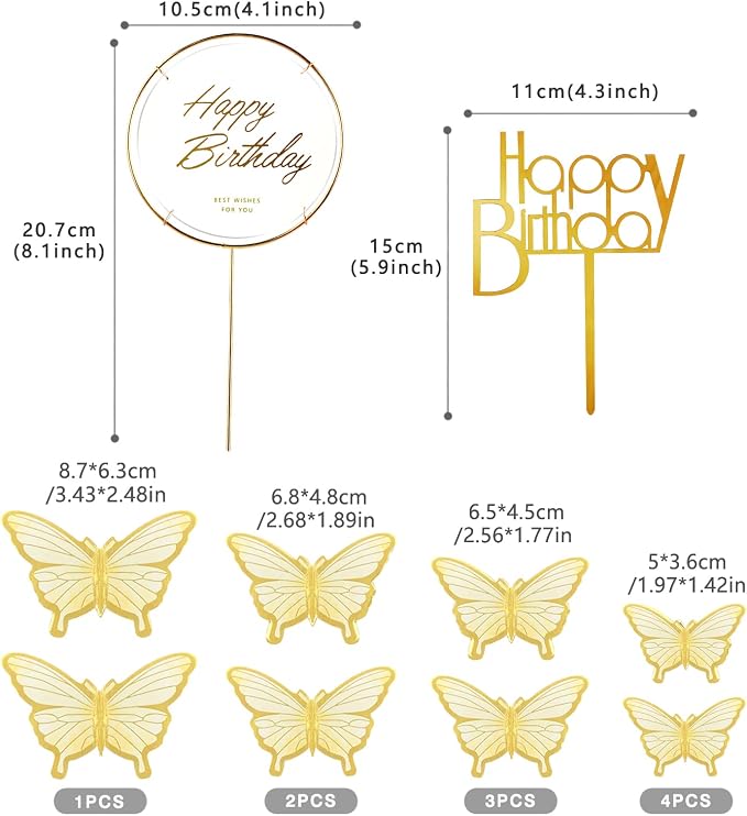 22-Pieces Butterfly Cake Decorations With Happy Birthday Acrylic Cake Toppers for Baby Shower Wedding Birthday Party Decor (Beige)