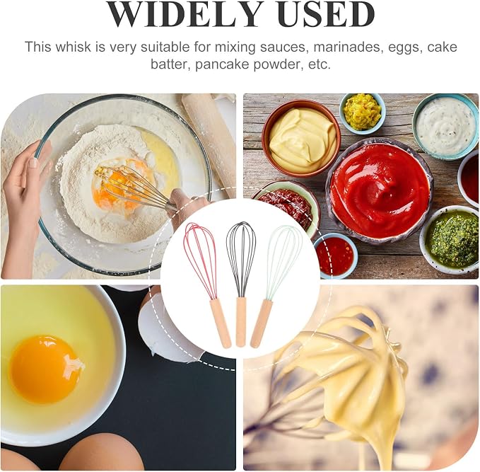 3Pcs Manual Egg Whisks with Beech Handles Food-grade Silicone Coated Mixing Tools for Baking Cooking Kitchen Use Non-scratch Egg Whisk in Black Red Green