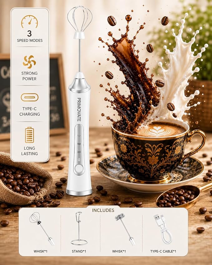 Rechargeable Milk Frother Handheld, Electric Coffee Frother with 2 Whisk, 3-Speed Powerful Drink Mixer, USB-C, Milk Foamer for Coffee,Latte,Cappuccino,Matcha & HotChocolate(White + Stand)