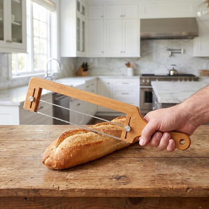 DECHOUS Adjustable Bamboo Bread Slicer with Stainless Serrated Blade and Thickness Guide for Homemade Sourdough Baguettes and Bagels