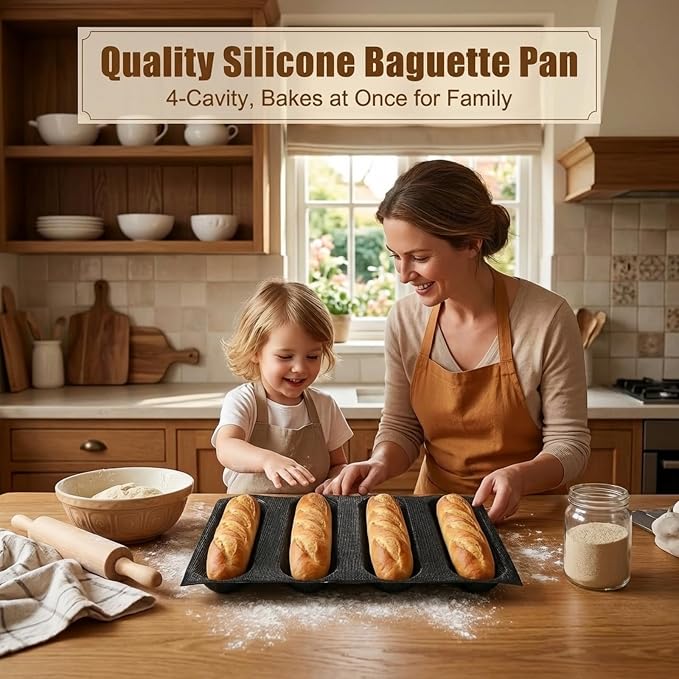 Dioycli Silicone Bread Loaf Pan for Baking Large Baguette Bread Pan Perforated Hot Dog Bun Pan 4 Loaf Non Stick Baking Liner Mat