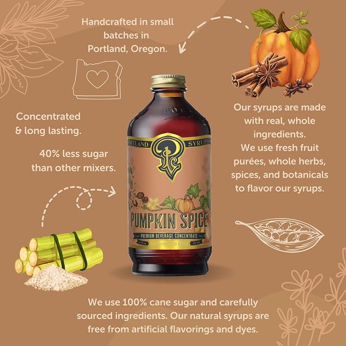 Portland Syrups Pumpkin Spice - Drink Mix for Exceptional Cocktails, Sugar Syrup for Drinks, Simple Syrup for Coffee, Mocktails, Baking, 12 oz, 24 Servings (Pack of 2)