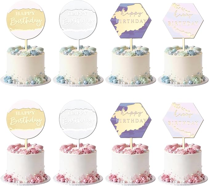 Wootkey 8Pcs Acrylic Happy Birthday Cake Toppers Engraved Happy Birthday Sign for Cake DIY Birthday Gift Flower Bouquet Pastries Desserts Decor