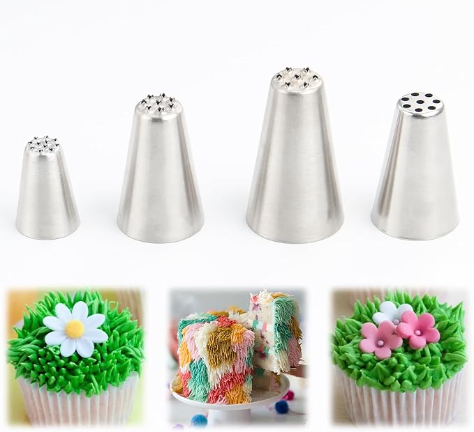 Grass Piping Tip Set – 4pcs Stainless Steel Cake Decorating Grass Tips, Pull Line Nozzles for Cakes Cupcakes Cookies Pastries Chestnut Puree, Buttercream Frosting Decoration Piping Nozzles