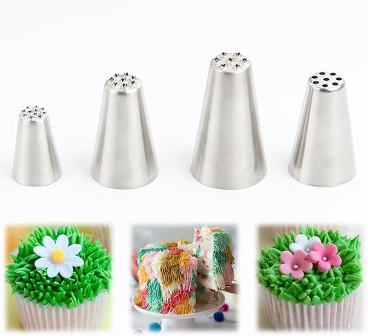 Grass Piping Tip Set – 4pcs Stainless Steel Cake Decorating Grass Tips, Pull Line Nozzles for Cakes Cupcakes Cookies Pastries Chestnut Puree, Buttercream Frosting Decoration Piping Nozzles