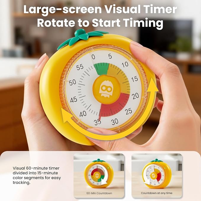 Magnetic Visual Timer, 60-Minute Countdown for Kitchen Classroom Homework | 4-Color Zone Dial with Cute Design, Kids Timer with Pomodoro Mode Time Management Tool for ADHD, Cooking & Baking