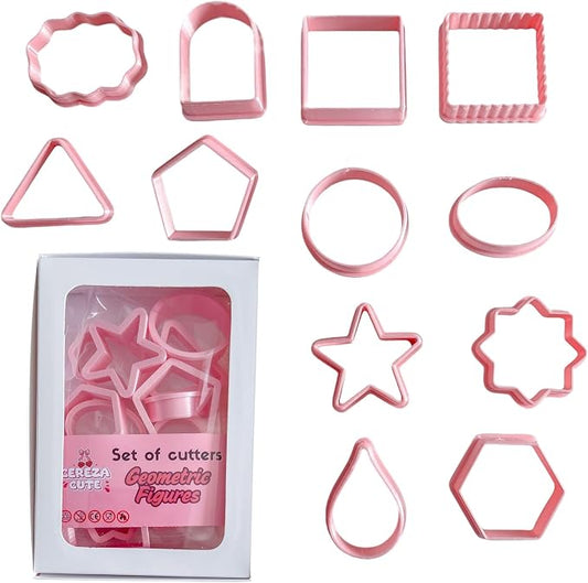 Set of 12 clay cookie cutters with geometric shapes, including a star, square, triangle, oval, circle, window, and more, for cutting fruits, dough, fondant, and pastries for all types of craft uses.