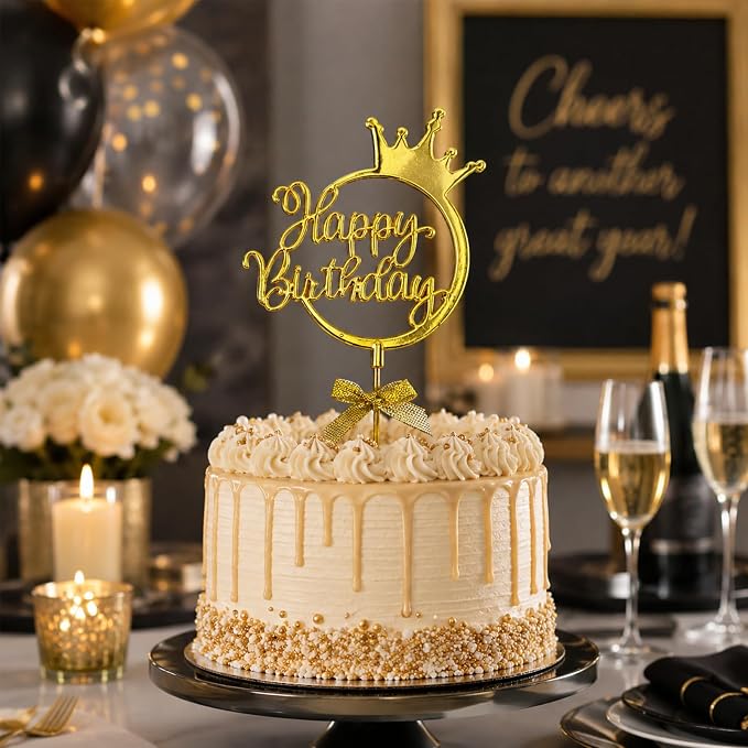 Ecanna Gold Acrylic Happy Birthday Cake Topper with Crown and Bow | Glossy gold acrylic script with crown and bow adds an elegant finishing touch to birthday cakes and celebration desserts.
