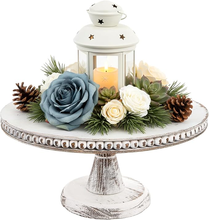 Peohud 12 Inch White Wood Cake Stand, Round Cupcake Pedestal Stand with Beads, Distressed Dessert Display Riser Tray for Wedding Birthday Christmas Party Table Decor