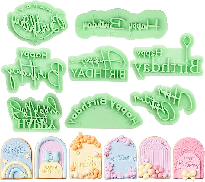 KALAIEN 8 Pcs Happy Birthday Fondant Letter Cutters,Cookie Stamps for Cake Cookie Baking Decoration,Happy Birthday Fondant Stamp