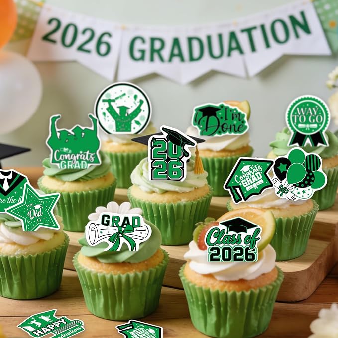 48pcs Edible 2026 Graduation Cupcake Toppers Wafer Paper Green Class of 2026 Cake Decorations Edible Congrats Grad Cupcake Picks for 2026 Graduation Theme Party Cake Supplies