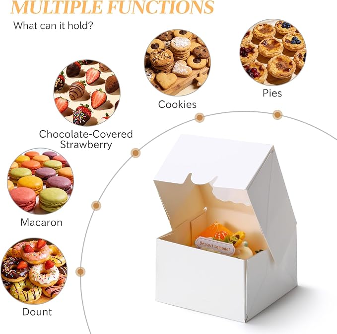 COTOPHER Auto Pop Up Cookie Box with Window 4x4x2.5 Inches – 50 Pack White Bakery Boxes with Gold Ribbon for Birthday Party Favors, Wedding, Christmas Gift Packaging for Cookies, Candy, Macarons
