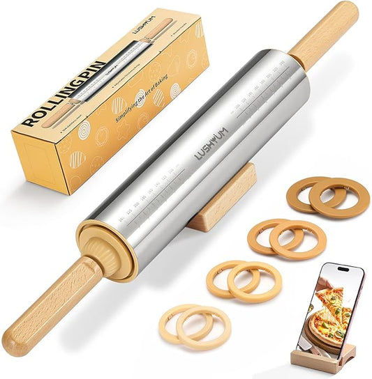 LUSHYUM Adjustable Rolling Pin with Thickness Rings 304 Stainless Steel Dough Roller with Dual-Purpose Stand Detachable Handles for Pizza Cookies Fondant Non Stick Metal Kitchen Tool Gift for Bakers