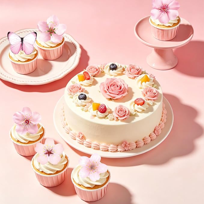 72 PCS Edible Cherry Blossoms Butterfly Cupcake Toppers Wafer Paper Flowers Cake Decorations Ideal for Baby Shower Kids Birthday Party Decorations Edible Flowers Cake Decorations for Celebrations