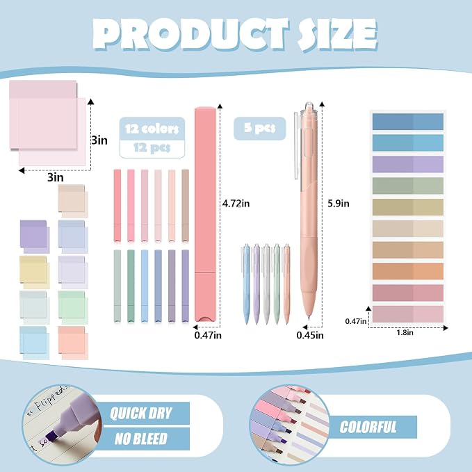 Jutom 39 Pcs Aesthetic Book Annotation Kit Highlighter with Case Bag Gel Pen Transparent Sticky Note Taking Bible Supplies(Mint Green,Cute Style)