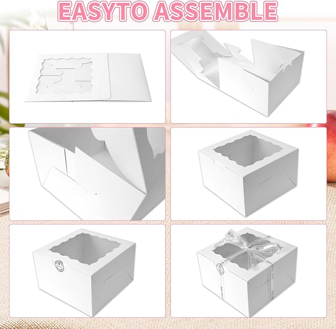 28 Sets 8x8x5 Cake Box, White Cake Box with Window 28pcs White Boxes and 28 pcs Boards, 8inch Cake Containers with Lids for Easter and Mother's Day Cheesecake, Cakes.(8 * 8 * 5inch/28pcs)