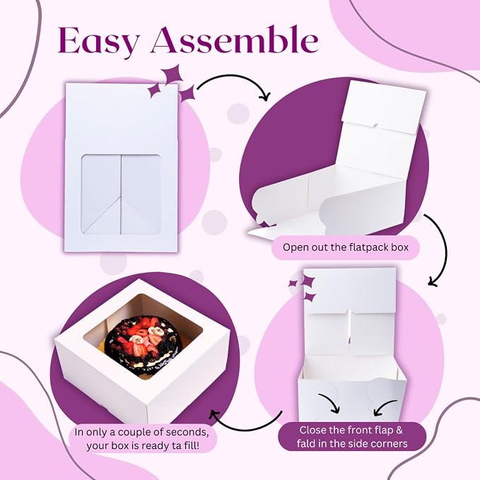 Cake Boxes 8x8x4 Inch 25 Pack with Window, 30 Bonus Sticker, Auto Popup, Extra Thick, Oil Resistant, Ideal for Cookie, Pie, Treat, Pastry, Bakery,For Home Cooker and Restaurant, White