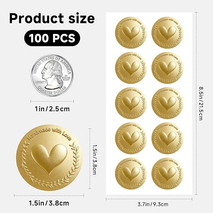 100PCS Handmade with Love Stickers, 1.6 Inch Gold Foil Round Labels for Baking Packaging, Small Business Supplies, Gift Wrapping, Party Favor Bags, Dessert Treat Bags, Envelope Seals
