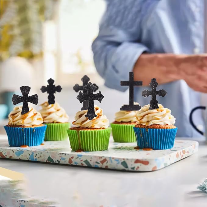 60 PCS Edible Cross Cupcake Toppers Wafer Paper God Bless Cupcake Toppers Edible Christian Baptism Cross Cupcake Picks for Religious Theme Baby Shower Birthday Party Cake Decorations Supplies Black