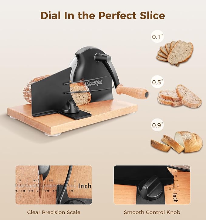 SOWKIPE Upgraded Manual Bread Slicer for Homemade Sourdough Bread, Adjustable Thickness Hand Crank Bread Cutter with Metal Guide, Scale Line, Even Slices, Suction Cups, Cover (Black)