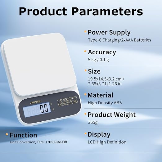 Kitchen Scale 5kg/0.1g Precision Food Scales for Kitchen Digital Scale Grams for Cooking Baking Weight Loss, Rechargeable Coffee Scale Food Weight Scale with Large Backlit LCD Display USB Cord