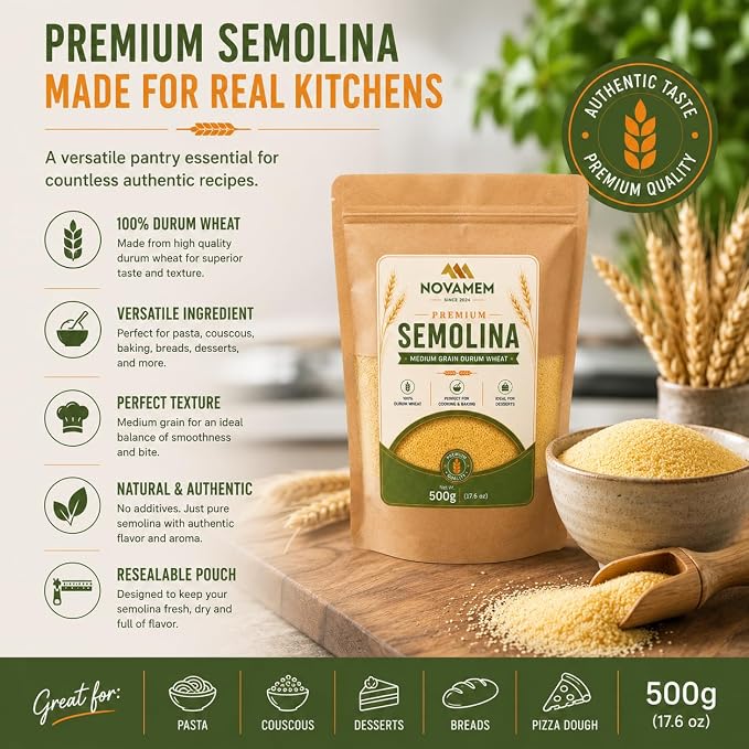 Premium Semolina Flour, Authentic Turkish Durum Wheat for Pasta, Couscous, Baking & Traditional Desserts, Freshness-Sealed Pouch, 500g (17.6 oz)