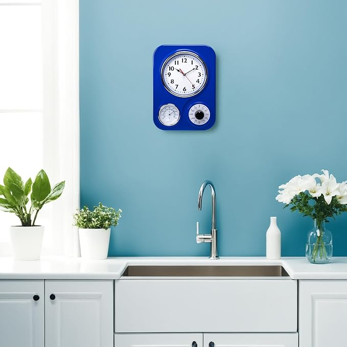 Lily's Home - 9 Inch x 12.5 Inch- Retro Kitchen Wall Clock, Vintage Wall Clock with a Thermometer and 60-Minute Timer, Ideal for Any Kitchen, Office, or Diner (Dark Blue)