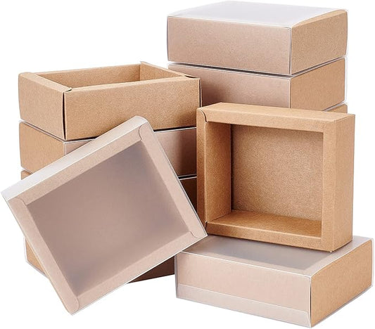 BENECREAT 12 Pack Kraft Paper Gift Boxes with PVC Frosted Cover 4x3.5x1.5 Inch Kraft Paper Drawer Box for Cake Cookie Candy Soap Snacks Weeding Party Favors, BurlyWood