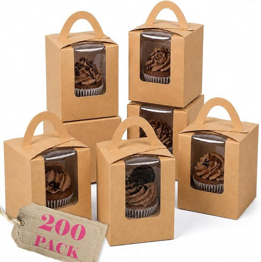 Bakepacker Auto-pop up Individual Cupcake Boxes with Window 200 Count Brown 3.6"X3.6"X4.3", for Cake, Treat Cookie Dessert, Pastry, Birthday Party, Weddings
