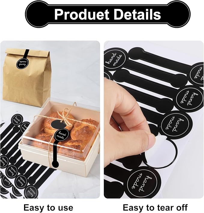 600Pcs Handmade Food Baking Seal Stickers Labels,Black Long Label Bakery Sticker,Self-Adhesive Goods Bakery Stickers Sealing Tamper-Proof Sticker for Pastry Bags Lollipops Candy Cake