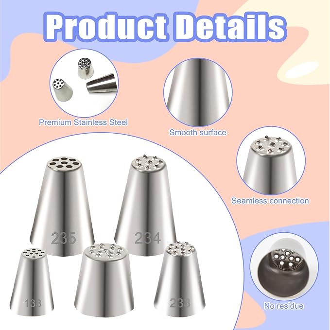 BLMHTWO 5pcs Grass Piping Tip, Stainless Steel Grass Tip for Cake Decorating, Cake Decorating Tips Piping Nozzles for Cupcakes Cookies Hair Fur Decoration Frosting Tips