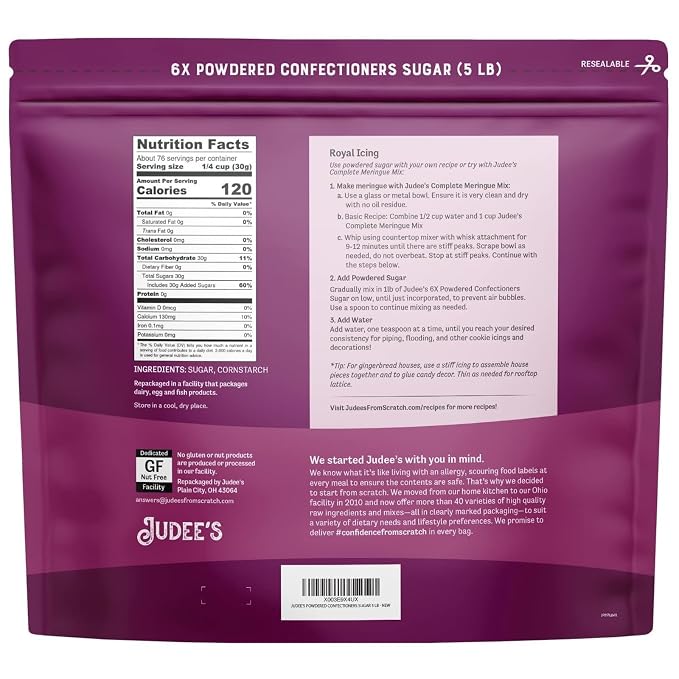 Judee’s 6X Powdered Confectioners Sugar 5 lb - 100% Non-GMO, Gluten-Free, and Nut-Free - 6X Size Perfect for Icing, Frosting, and Dusting Baked Goods