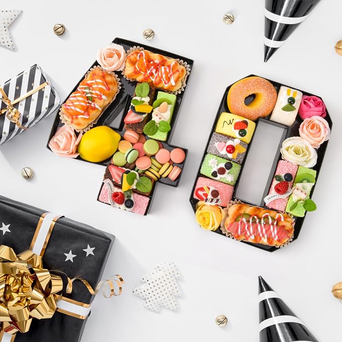 Cardboard Number for Charcuterie 40 Set Fillable Tray 10.2'' Black Charcuterie Paper Box for 40th Birthday Anniversary Party Decorations Chocolate Candy Cupcake Container