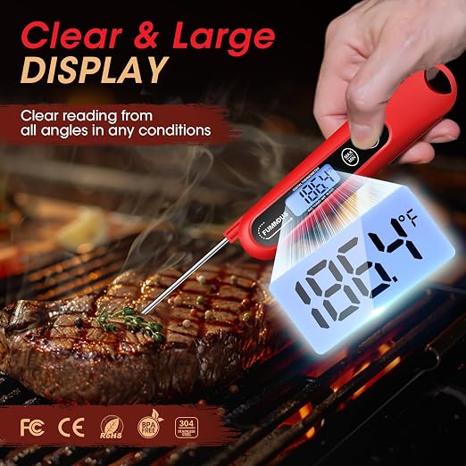 Digital Meat Thermometer - 2S Instant Read Food Thermometer with Backlight, Foldable Probe for Turkey BBQ Grill Smoker Candy, Essential Kitchen Cooking Gadget (Red)