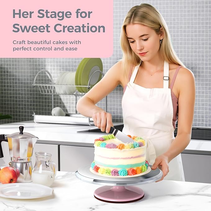 Ohuhu Cake Turntable, Aluminium 12'' Cake Decorating Kit Supplies Rotating Stand Revolving Spinner with 2 Icing Spatula 3 Comb Smoother Perfect Gifts