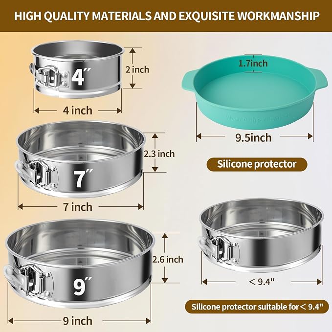 4, 7, 9 Inches Springform Pan Set of 3 - 304 Stainless Steel Nonstick Springform Cake Pan Set with Removable Bottom, 10 Inch Leakproof Silicone Cheesecake Pan Protector with 60 Pcs Parchment Paper